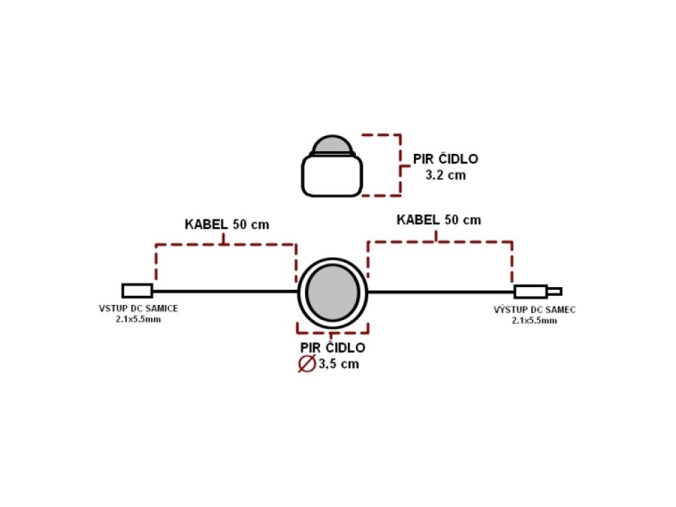Pohybové PIR čidlo na 12V a 24V pro LED pásky, nastavitelný senzor s DC konektorem přisazené