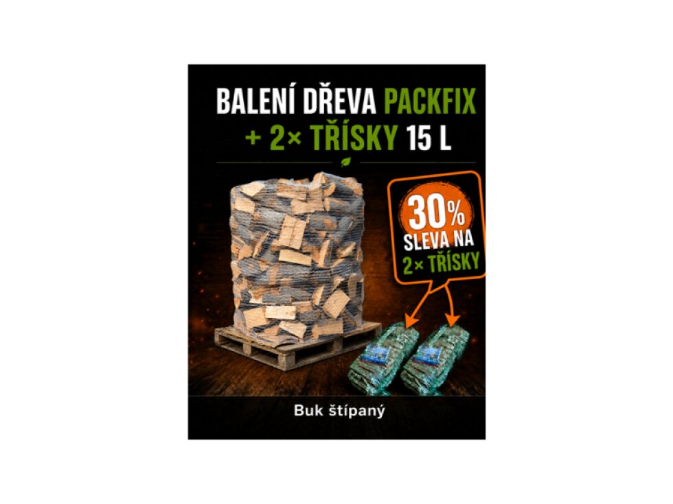 Výhodné balení Palivové dřevo, buk štípaný 33 cm - balení PackFix + 2x Třísky 15 l