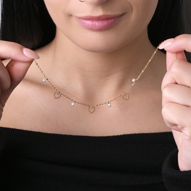 Náhrdelník oceľový s perličkami a srdiečkami 42024.1