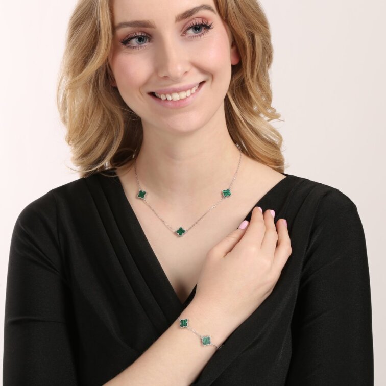 Stříbrný náramek čtyřlístky malachit 13089.3