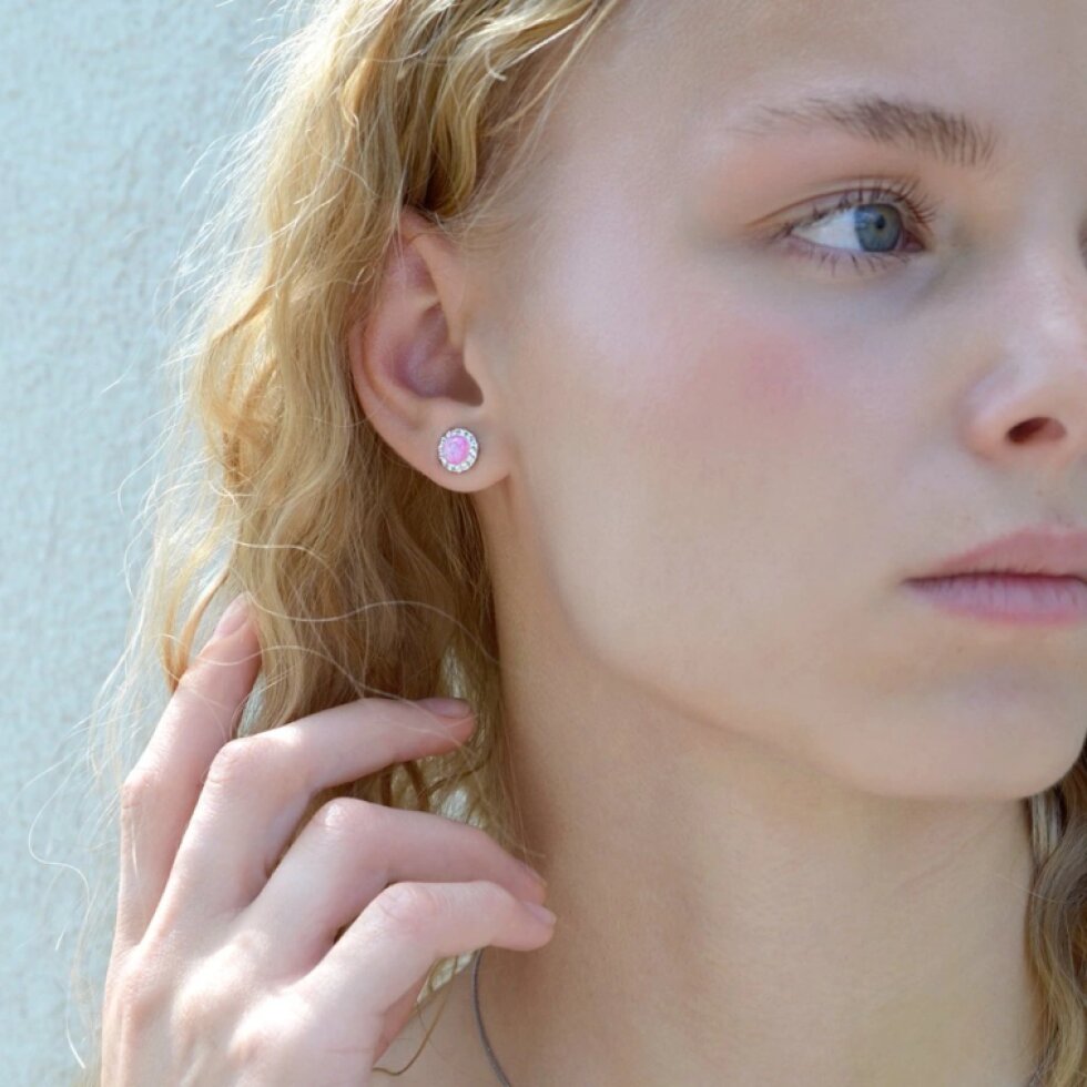 Strieborné náušnice s opálom a Preciosa kryštály 31317.1 ružové