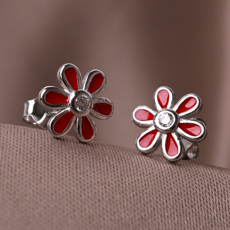 Stříbrné náušnice červené kytičky 11752.1