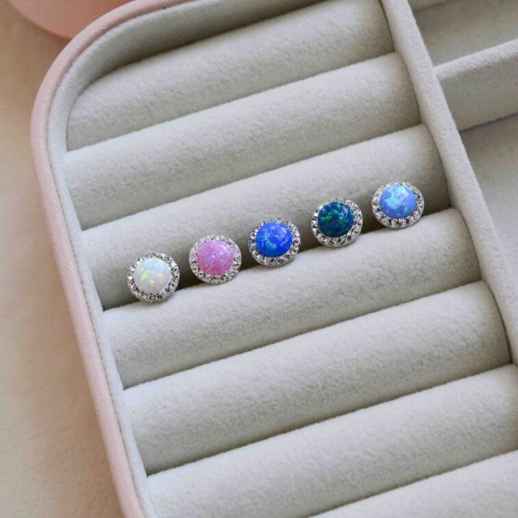 Stříbrné náušnice s opálem a Preciosa krystaly 31317.1 světle modré