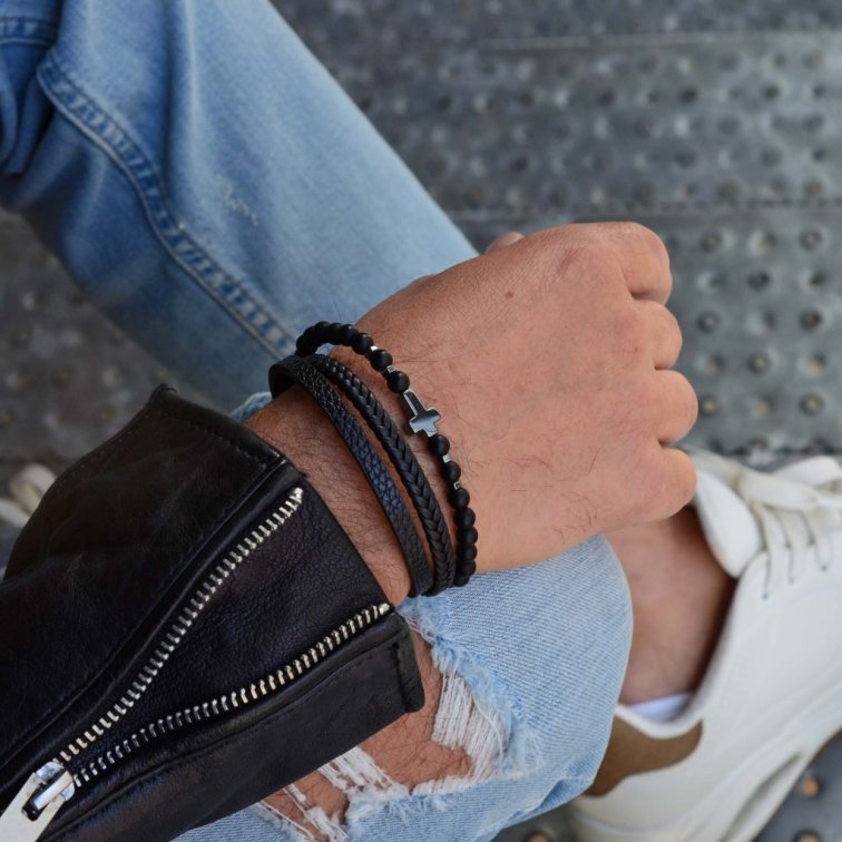 Náramek pánský koženka a korálky s křížkem 43044.3 černý