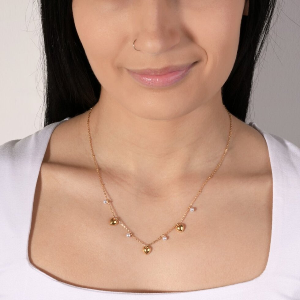 Náhrdelník oceľový s perličkami a srdiečkami 42023.1