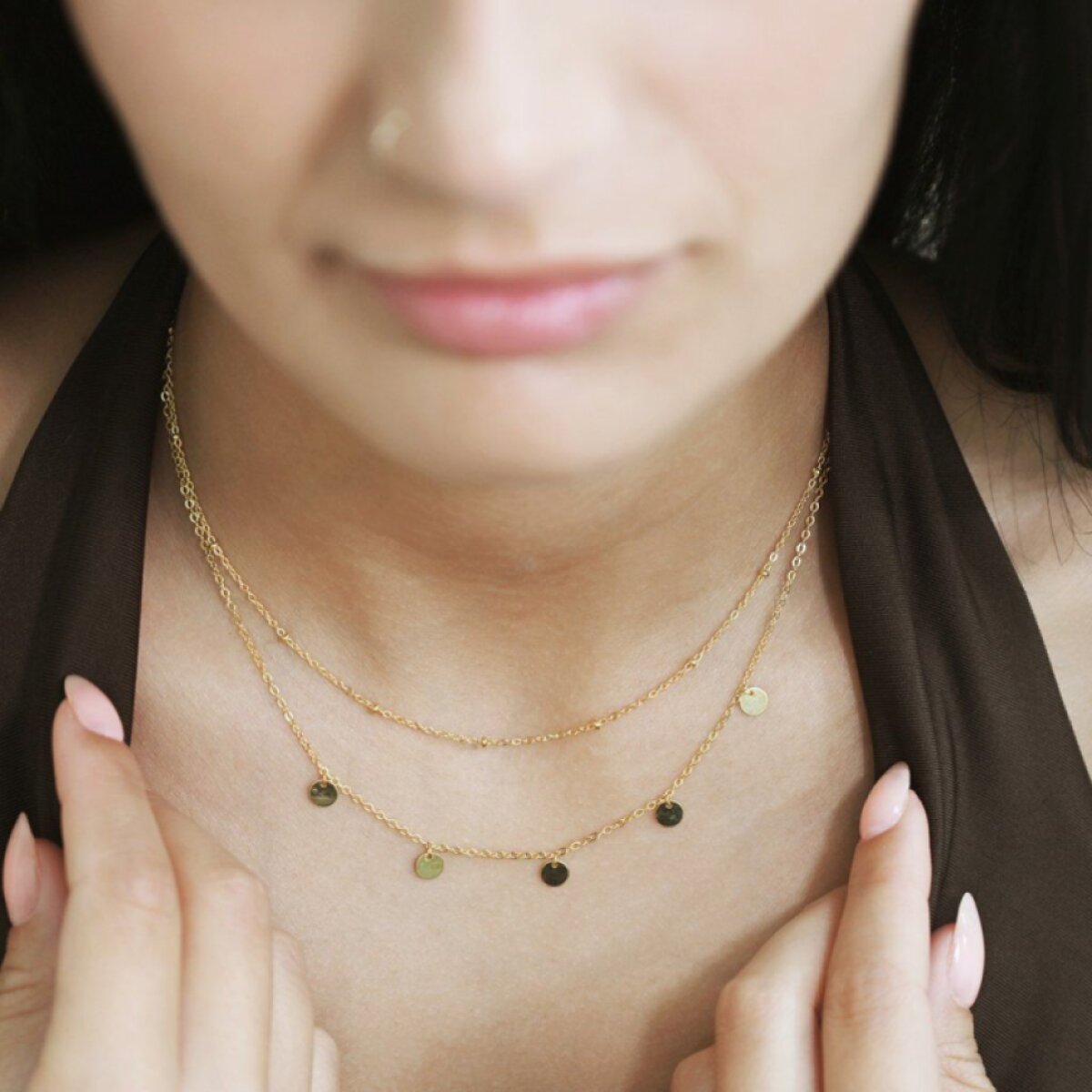 Pozlacený náhrdelník dvouřadý malé placičky a kuličky 62007