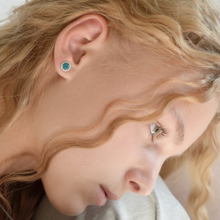 Stříbrné náušnice s opálem a Preciosa krystaly 31217.1 zelené