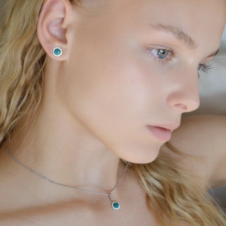 Stříbrné náušnice s opálem a Preciosa krystaly 31217.1 zelené