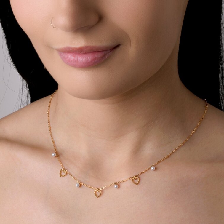 Náhrdelník oceľový s perličkami a srdiečkami 42024.1