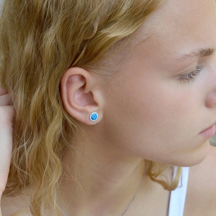 Stříbrné náušnice s opálem a Preciosa krystaly 31317.1 modré