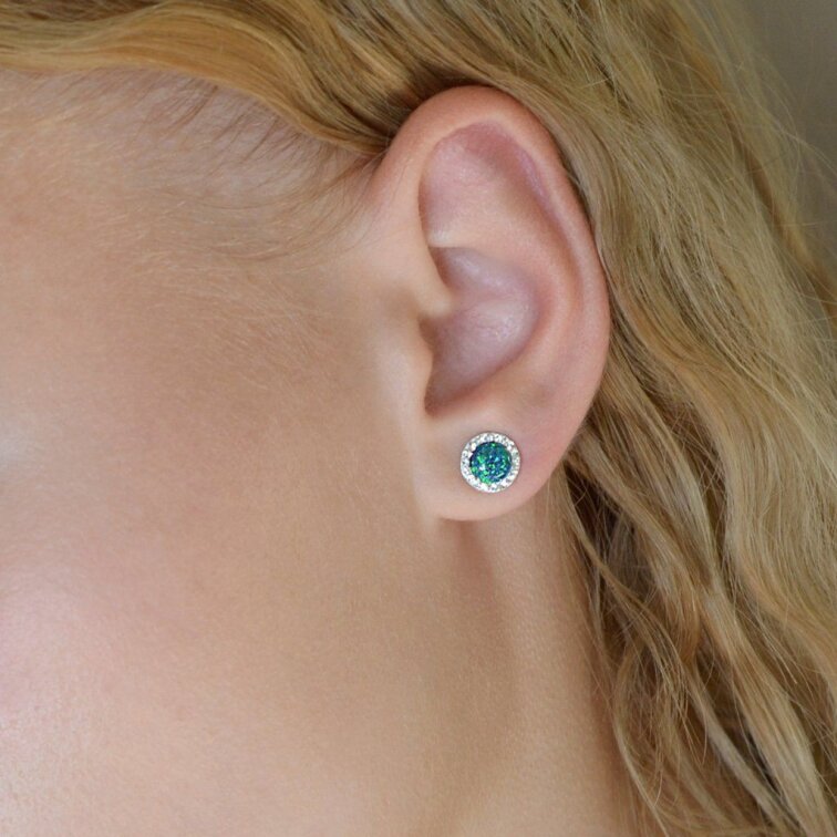 Stříbrné náušnice s opálem a Preciosa krystaly 31217.1 zelené