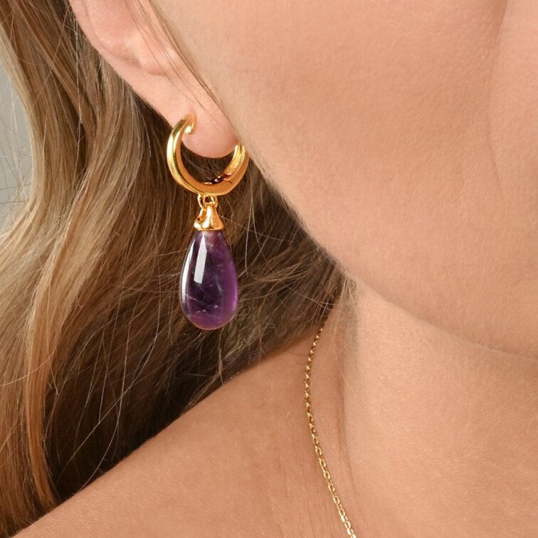 Pozlátené visiace náušnice kvapky s ametystom 11733.3
