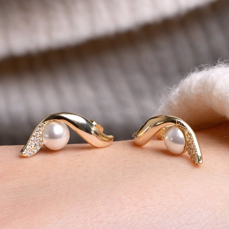 Pozlacené náušnice vlnky s perličkou 11806.1