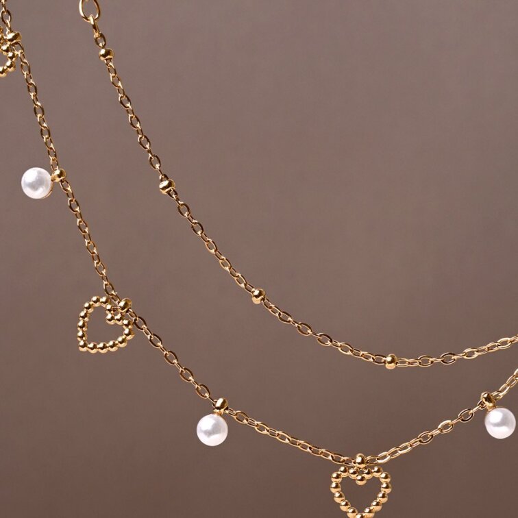 Náhrdelník oceľový s perličkami a srdiečkami 42024.1