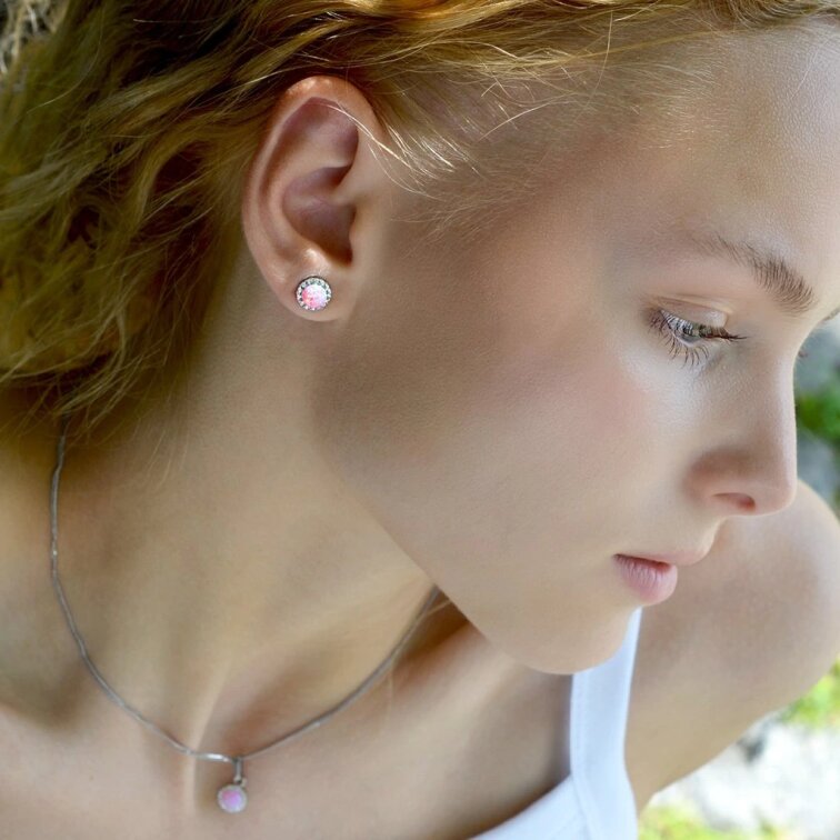 Strieborné náušnice s opálom a Preciosa kryštály 31317.1 ružové