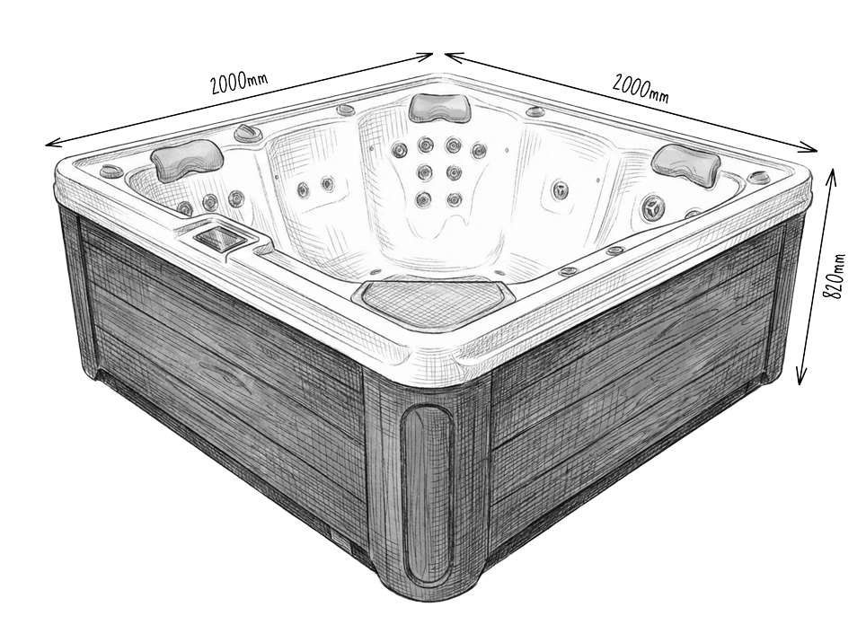 Side view of the hot tub with dimensions