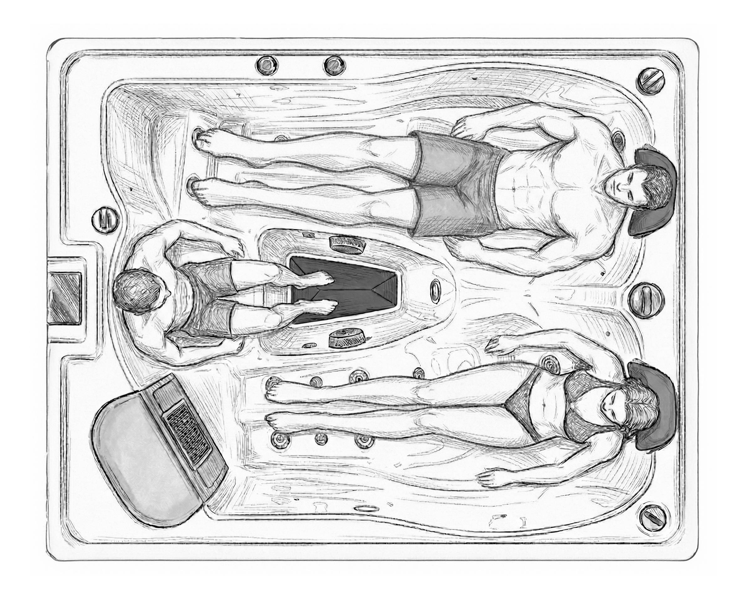 Pohled shora na vířivku s postavami