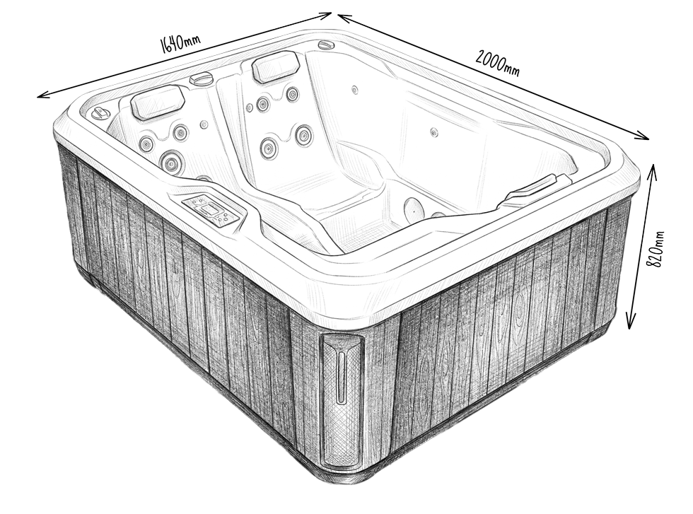 Bočný pohľad na vírivku s rozmermi