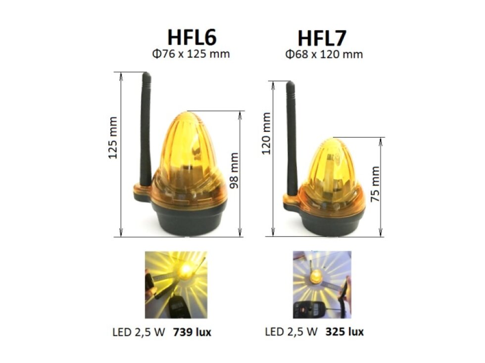 Oranžové výstražné LED svetlo s anténou, 12/24/230V, AC/DC, držiak pre bočné uchytenie, rozmer ø76x125mm, vyššia svietivosť 739 lux