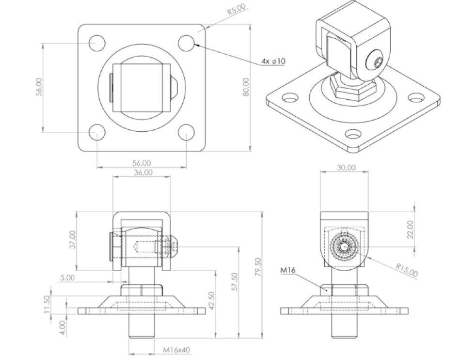 Záves M16 s platňou 80 x 80 mm, otvárateľný 90°, nastaviteľný 1D, čiastočne pozinkovaný