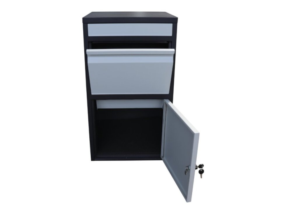 Box na balíky (410x385x720mm) s prepadovou lištou na ochranu balíkov, hrúbka 0.8mm), max. veľkosť balíka: 320x300x180mm, farba: Čierne telo + biely vhod