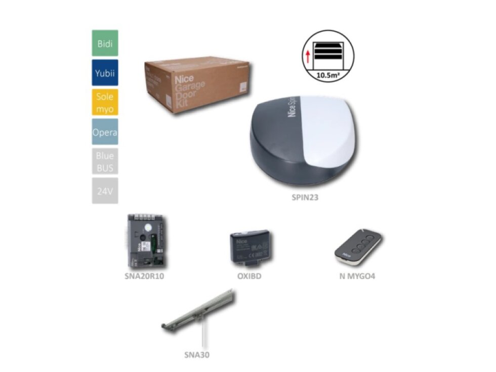 SPIN23BDKCE sada pre sekcionálnu bránu do 10,5m2, zdvih do 235cm, 1x SPIN23 (24V, 250W,650N), 1x SNA20R10 s príjmačom, 1x ON2E, 1x SNA30 1x OXIBD