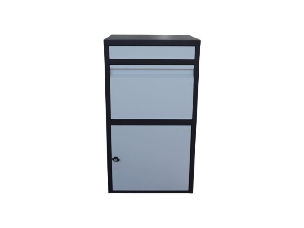 Box na balíky (410x385x720mm) s prepadovou lištou na ochranu balíkov, hrúbka 0.8mm), max. veľkosť balíka: 320x300x180mm, farba: Čierne telo + biely vhod