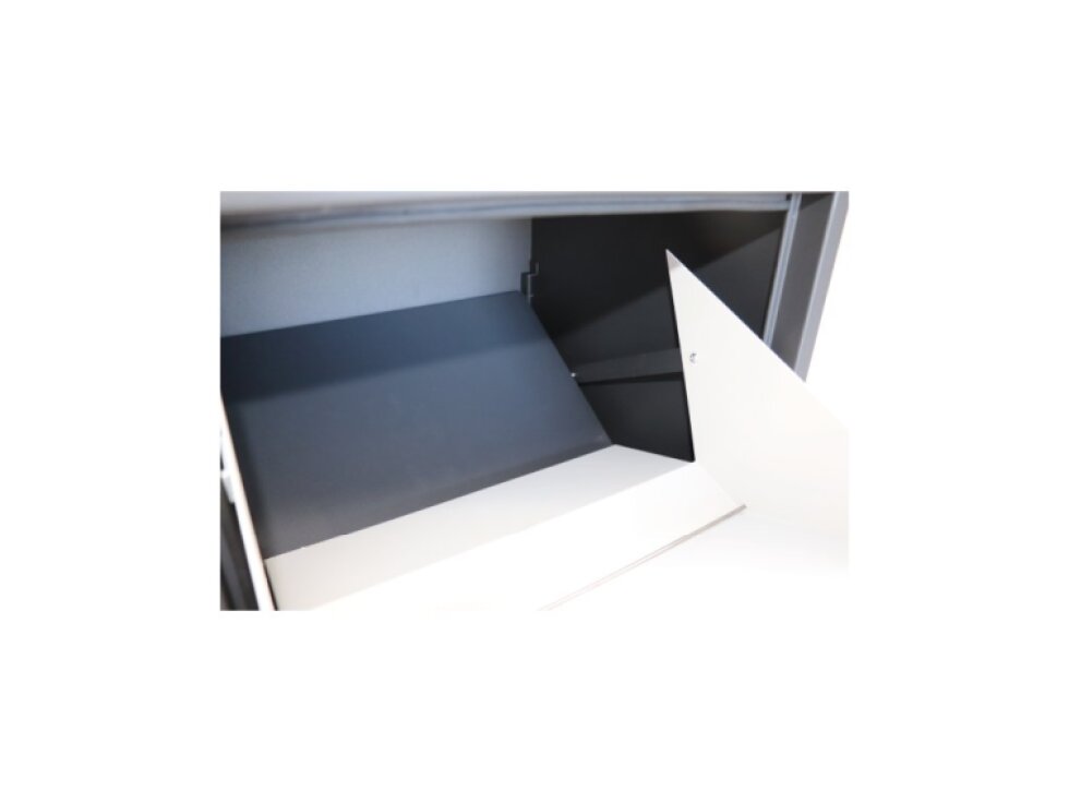 Box na balíky (410x385x720mm) s prepadovou lištou na ochranu balíkov, hrúbka 0.8mm), max. veľkosť balíka: 320x300x180mm, farba: Čierne telo + biely vhod