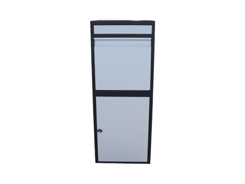 Box na balíky (410x385x1020mm) s prepadovou lištou na ochranu balíkov, hrúbka 0.8mm), max. veľkosť balíka: 320x300x260mm, farba: Čierne telo + biely vhod