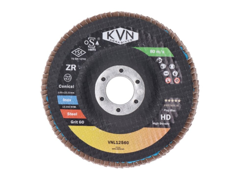 prémiový lamelový kotúč na oceľ a nerez, 125mm, zrno 60, extra hrubý PREMIUM, 100% zirconia, kónický