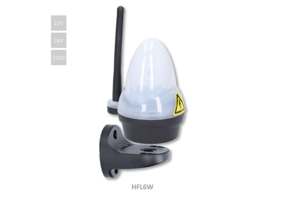 Biele výstražné LED svetlo s anténou, 12/24/230V, AC/DC, držiak pre bočné uchytenie, rozmer ø76x125mm, vyššia svietivosť 739 lux