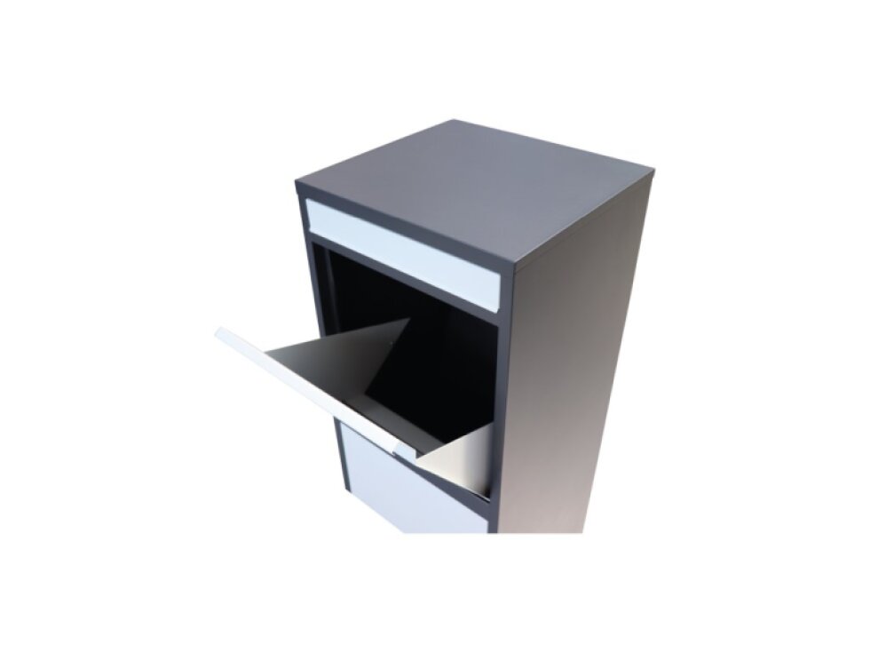 Box na balíky (410x385x1020mm) s prepadovou lištou na ochranu balíkov, hrúbka 0.8mm), max. veľkosť balíka: 320x300x260mm, farba: Čierne telo + biely vhod