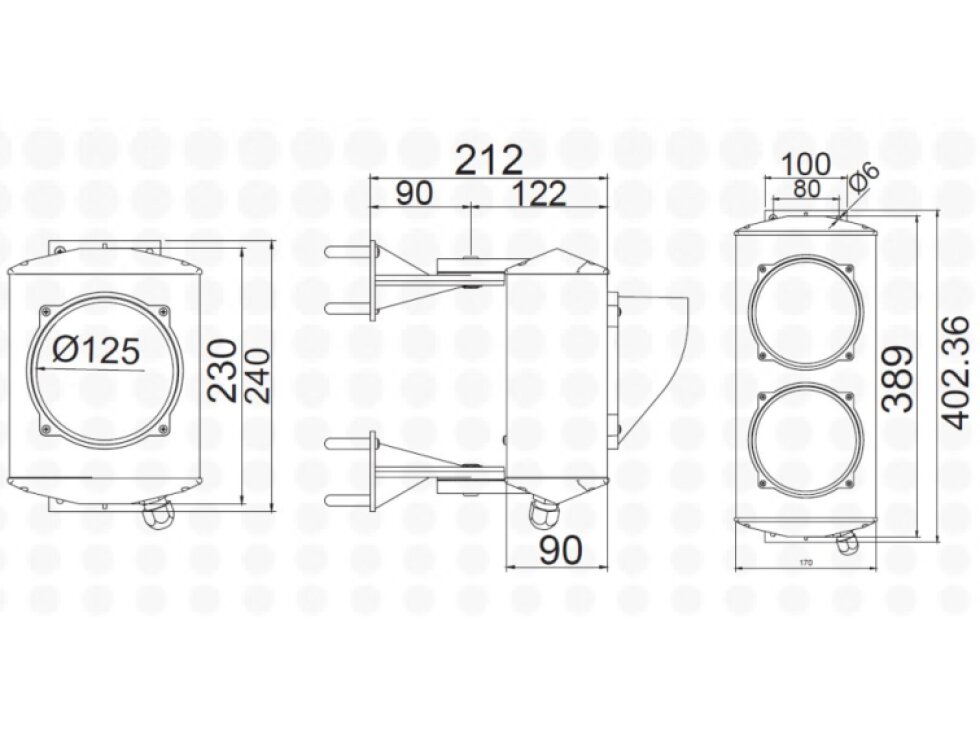 ASF semafor ø120mm dvojkomorový, červená a zelená, žiarovka E27 900Lm, hlinikový kryt, 230V AC, IP65