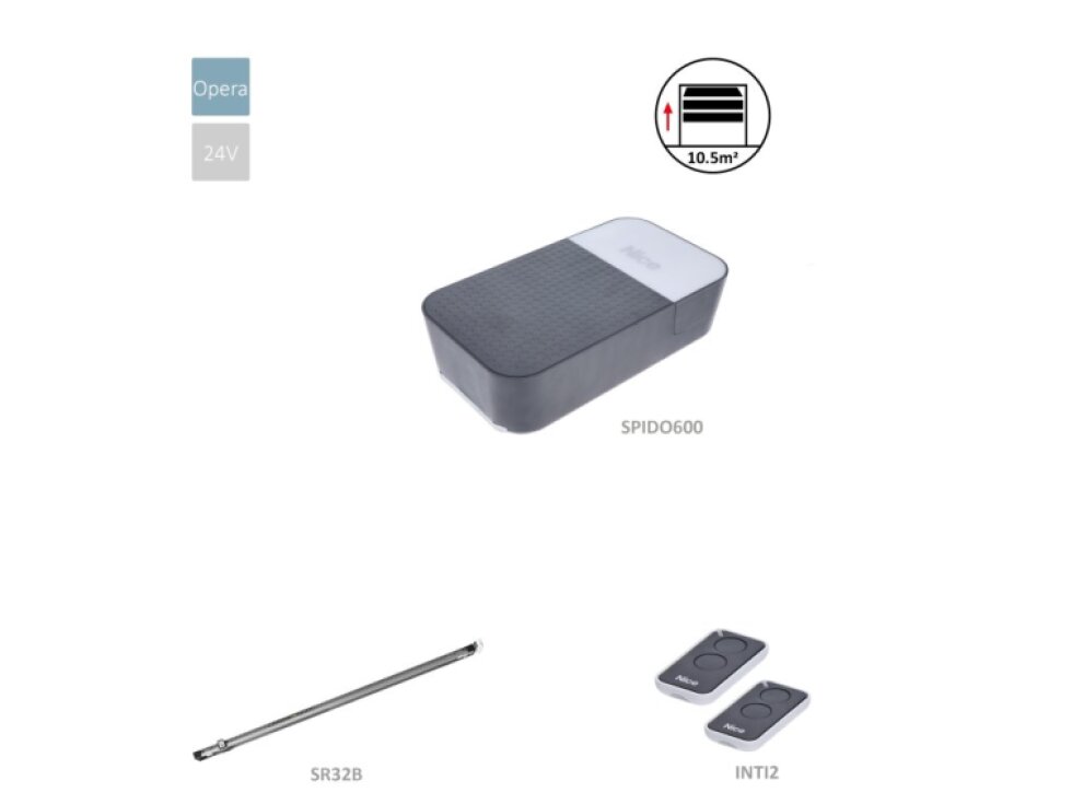 SPIDO32BKCE sada pre sekcionálnu bránu do 10,5m2, 1x SPIDO600 (24V, 150W,600N), zabudovaná riadiaca jednotka a prijímač, 2x ON2E, 1x SR32B
