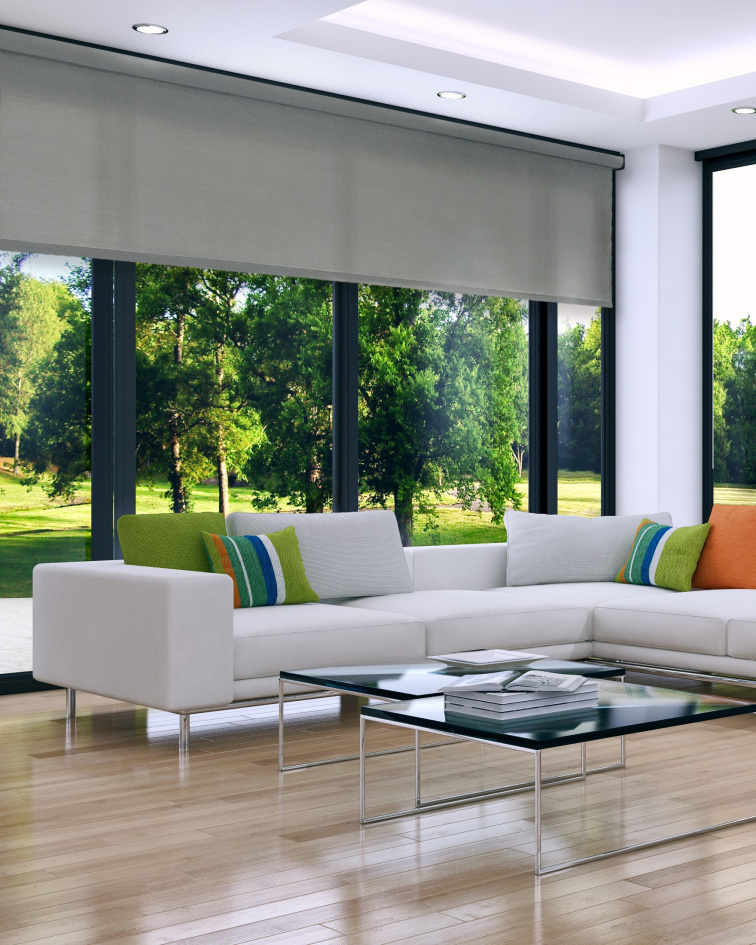 Průsvitná látková roleta v obýváku