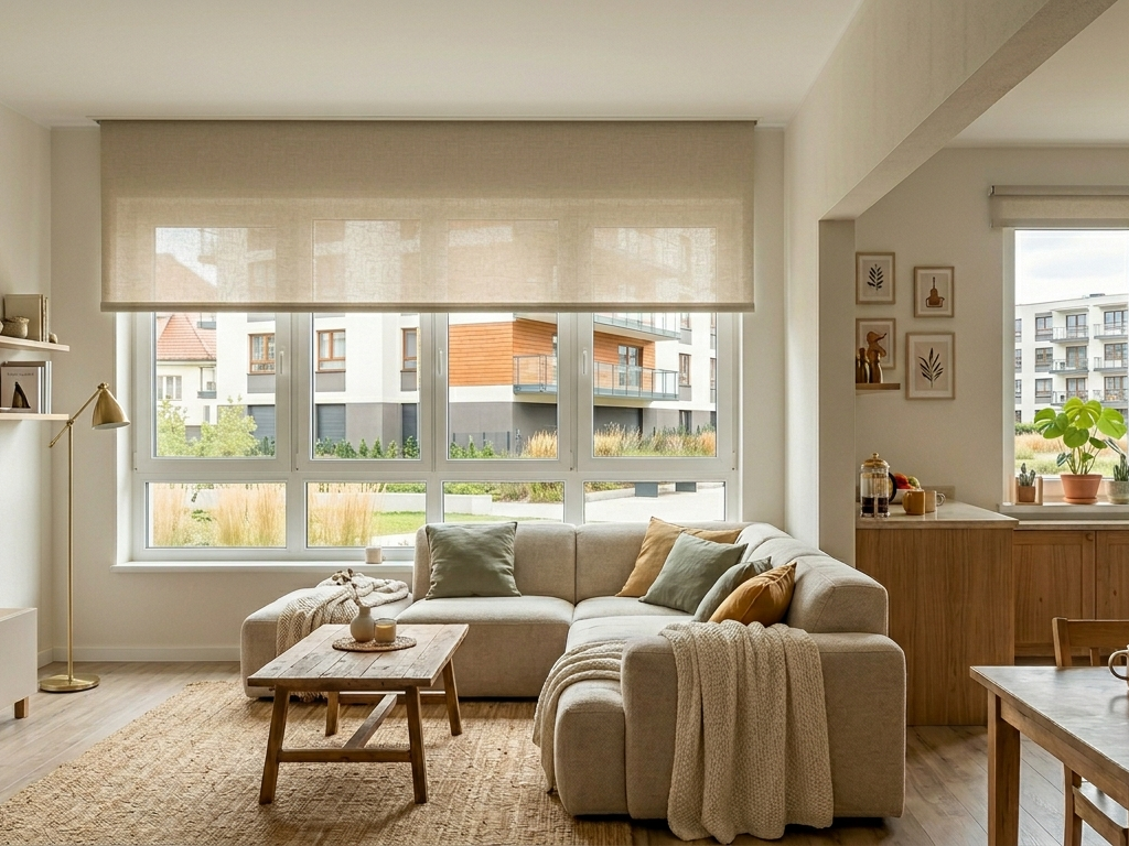 Roleta v přírodních tónech v boho stylu interiéru