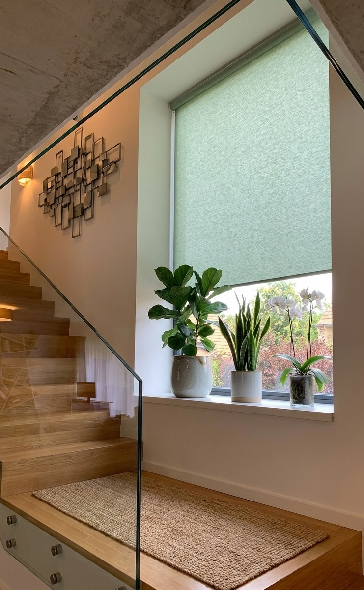 Průhledná látková roleta na chodbě