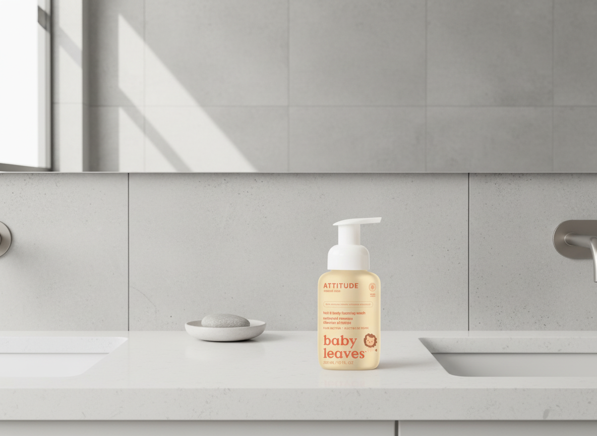 ATTITUDE Baby leaves Dětská mycí pěna 2v1 - hrušková vůně, 295 ml