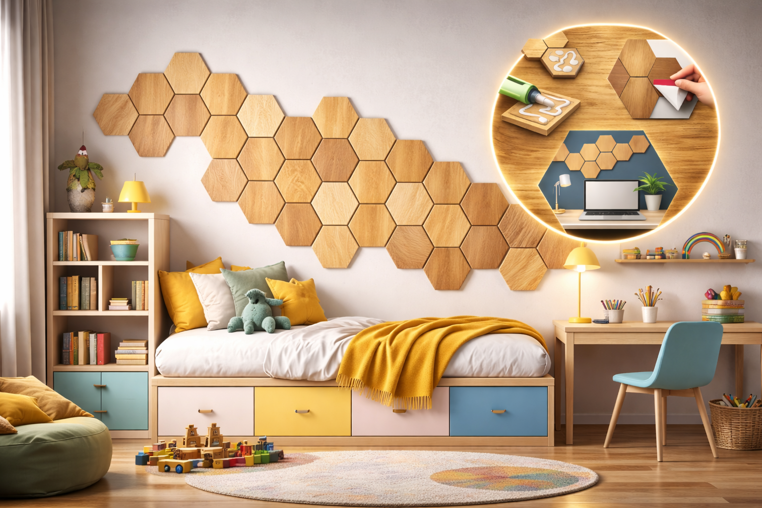 SADA 6 ks dekorativních obkladů na stěnu, dekor Dub, Hexagon