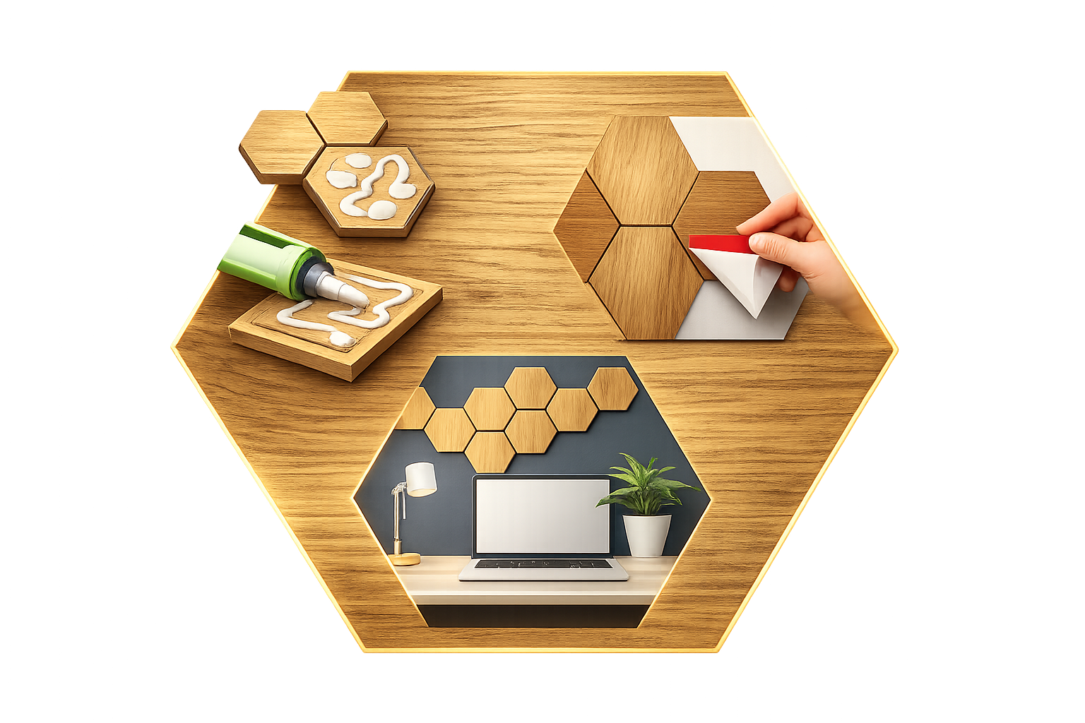 SADA 6 ks dekorativních obkladů na stěnu, dekor Dub, Hexagon