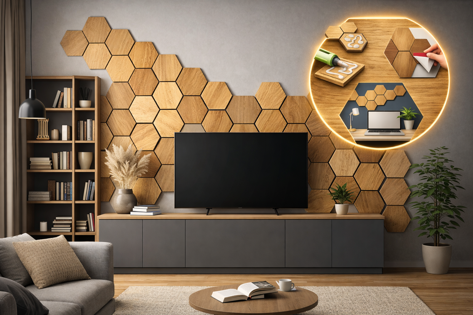 SADA 6 ks dekorativních obkladů na stěnu, dekor Dub, Hexagon