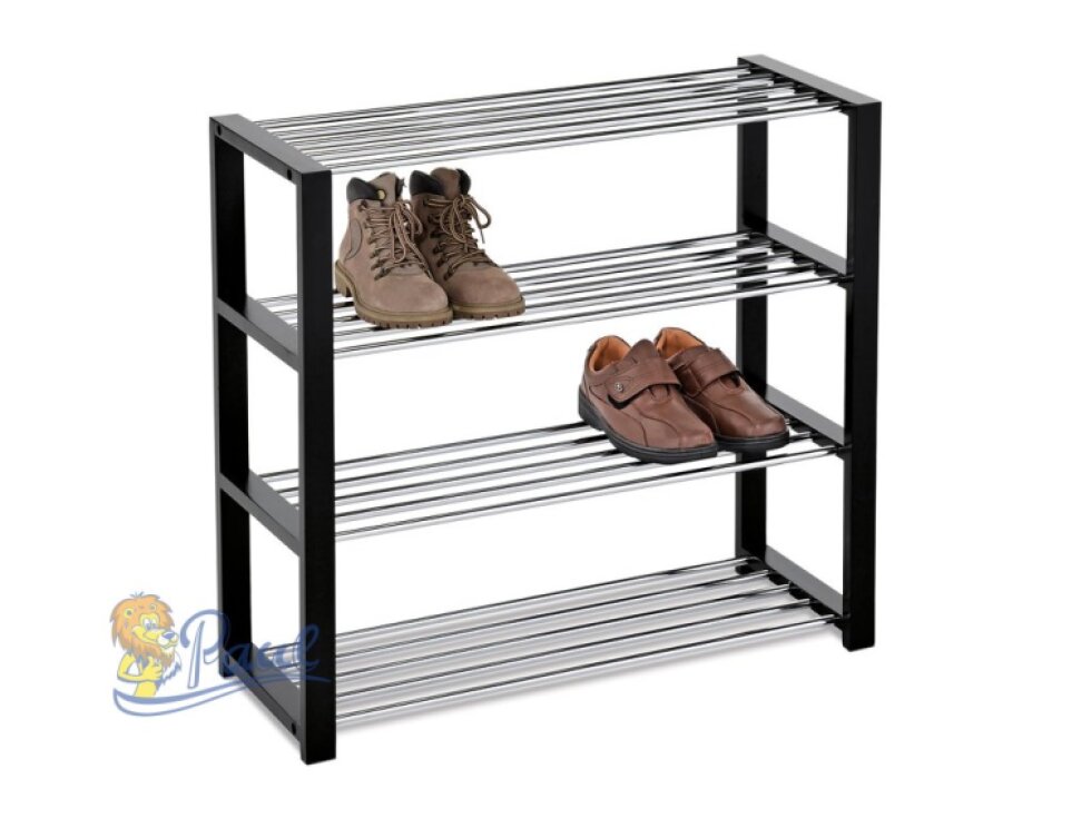 Botník, 4 kovové chromované police, masiv kaučukovník, černý matný lak