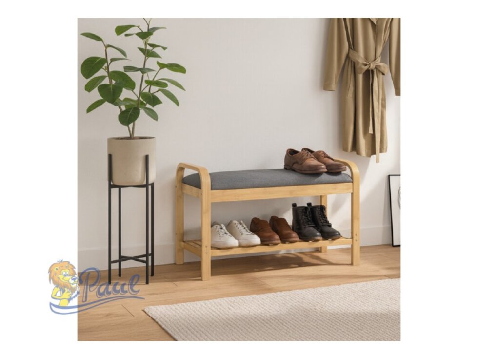 Botník / taburet, police, masiv bambus, přírodní odstín, šedá látka