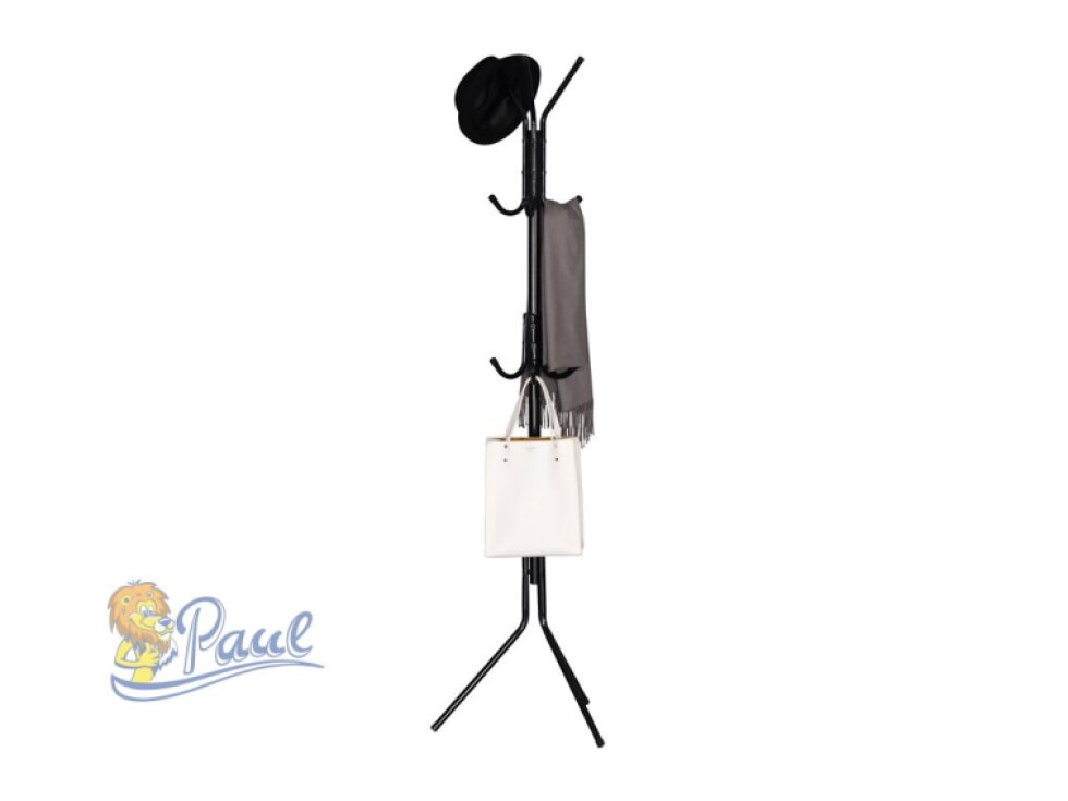 Věšák stojanový, výška 170,5 cm, kovová konstrukce, černý lak, nosnost 6 kg