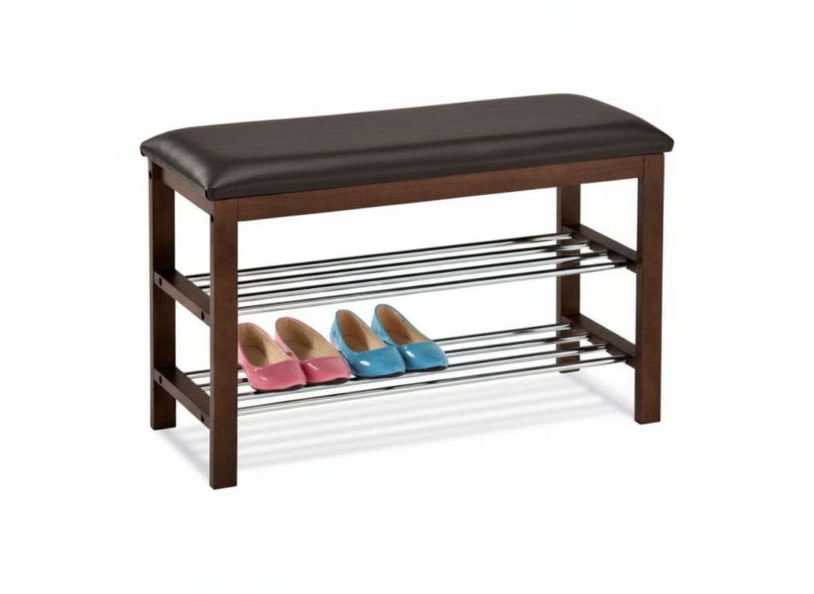 Botník / taburet, 2 police, potah hnědá ekokůže, masiv kaučukovník, moření ořech