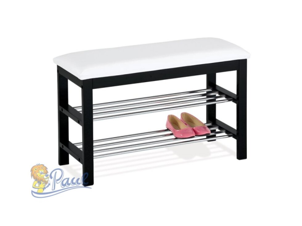 Botník / taburet, 2 police, potah bílá ekokůže, masiv kaučukovník, černý lak