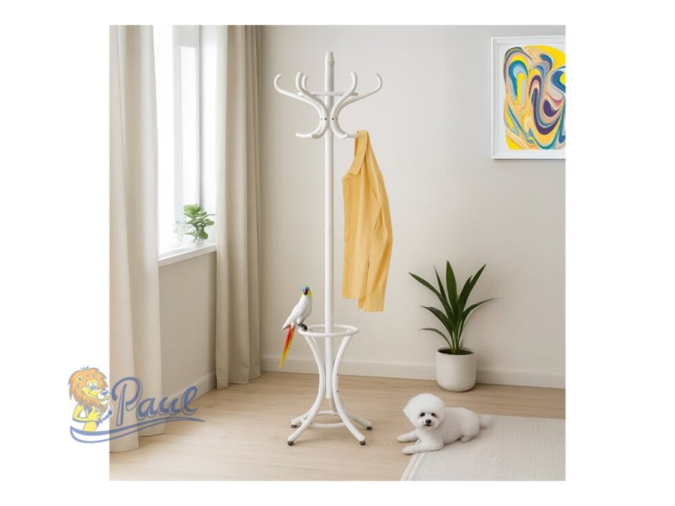 Věšák dřevěný stojanový, masiv topol a bříza, bílý matný lak, výška 185 cm
