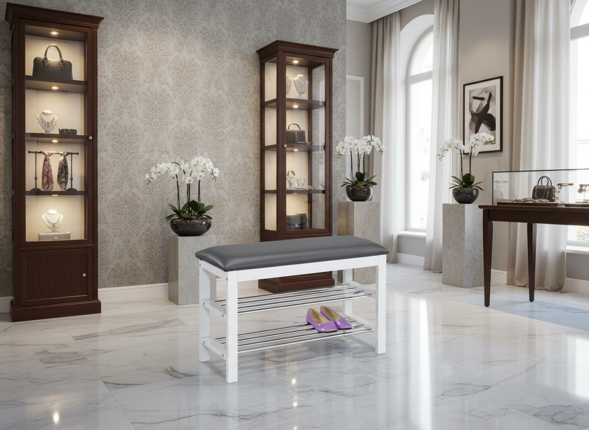 Botník / taburet, 2 police, potah šedá ekokůže, masiv kaučukovník, bílý lak