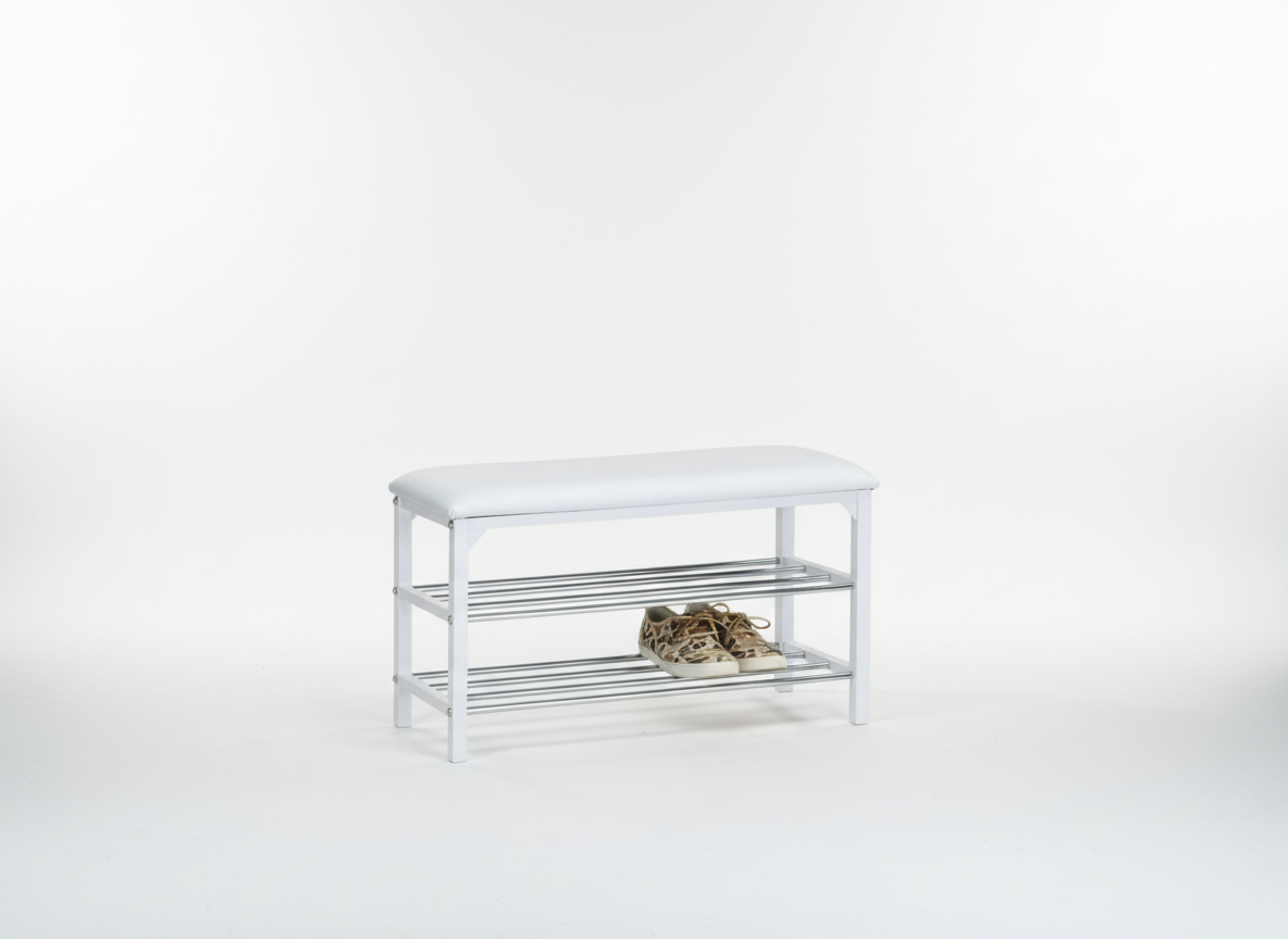 Botník / taburet, 2 police, potah černá ekokůže, kov - bílý matný lak a chrom