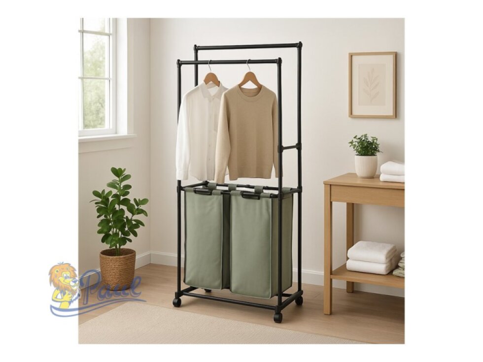 Věšák dvouramenný s košem na prádlo, černý plast.